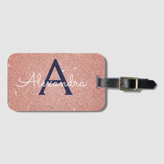 Roze Roze Goud Navy Blauwe Glitter Monogram Bagagelabel (Voorkant (horizontaal))