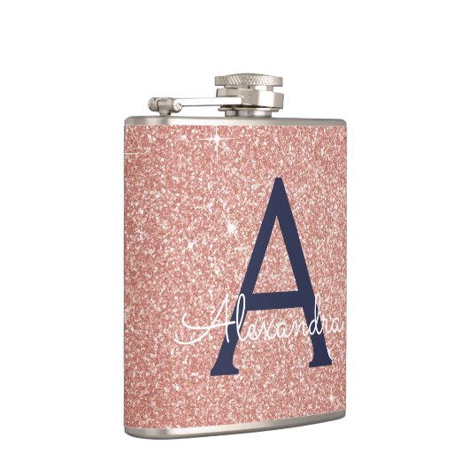 Roze Roze Goud Navy Blauwe Glitters Glans Monogram Heupfles (Rechts)