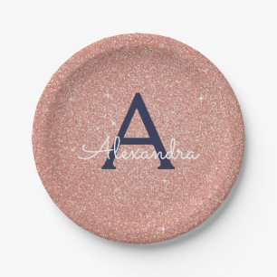 Roze Roze Goud Navy Blauwe Glitters Glans Monogram Papieren Bordje