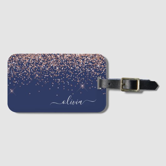 Roze Roze Goud Navyblauw Glitter Monogram Bagagelabel (Voorkant (horizontaal))