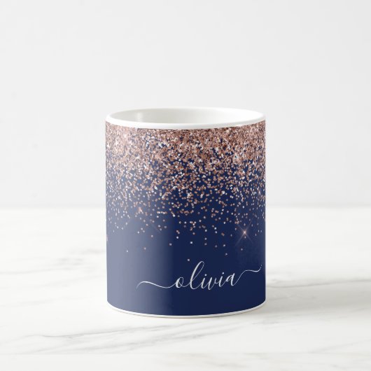 Roze Roze Goud Navyblauw Glitter Monogram Koffiemok (Center)