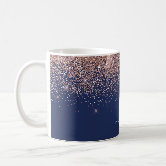Roze Roze Goud Navyblauw Glitter Monogram Koffiemok (Links)
