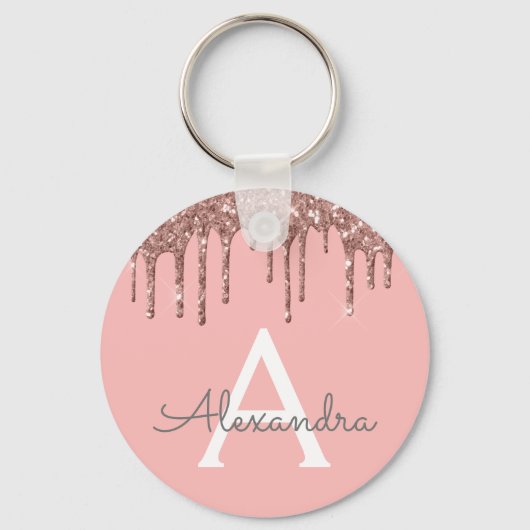 Roze Roze Goud Nep Glitterende Monogram Sleutelhanger (Voorkant)