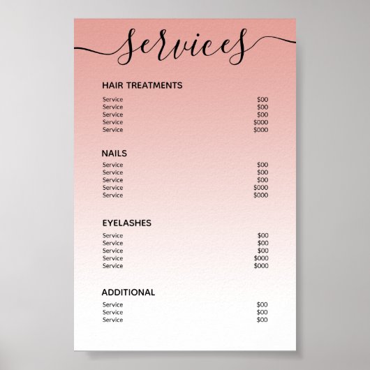 Roze Roze Goud Salon Prijslijst Service Menu Poster (Voorkant)