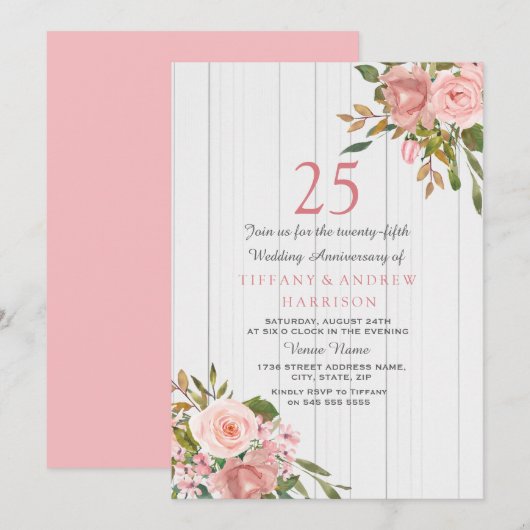 Roze Roze Goud Wit 25-jarig Huwelijksjubileum Kaart (Voorkant / Achterkant)