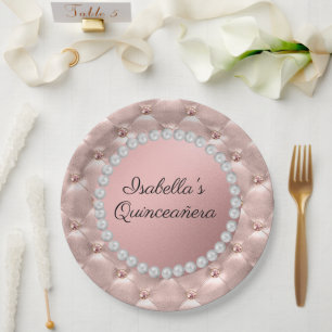 Roze Roze Goud Witte Parels Quinceañera Foto Papieren Bordje