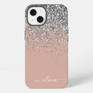 Roze Roze Goud Zilver Glitter Monogram iPhone 13 Hoesje