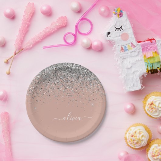 Roze Roze Goud Zilver Glitter Monogram Papieren Bordje (Feest)