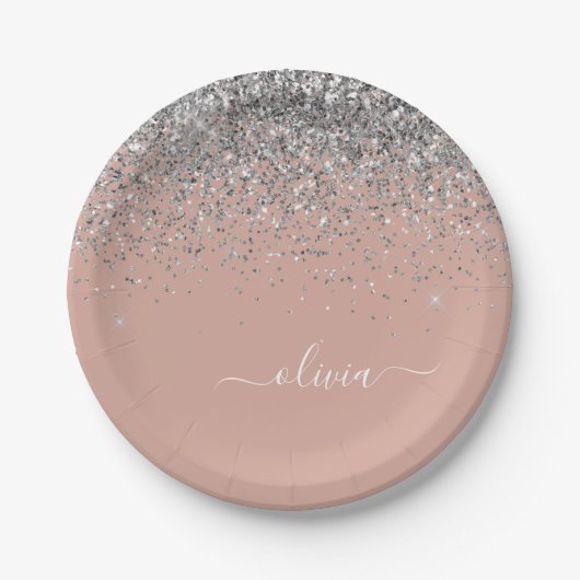 Roze Roze Goud Zilver Glitter Monogram Papieren Bordje (Voorkant)