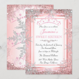 Roze Roze Goud Zilver Winter Wonderland Sweet 16 Kaart