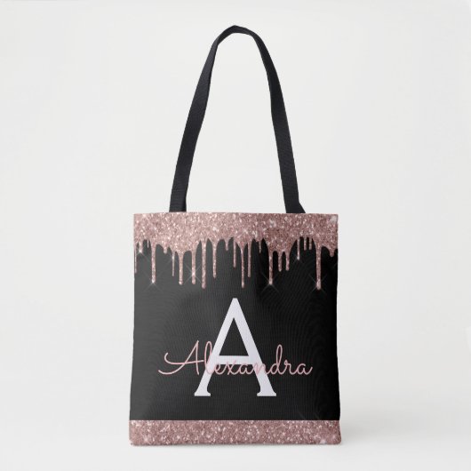 Roze Roze Goud Zwart Glitter Elegant Monogram Tote Bag (Voorkant)