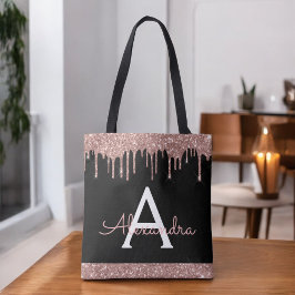 Roze Roze Goud Zwart Glitter Elegant Monogram Tote Bag