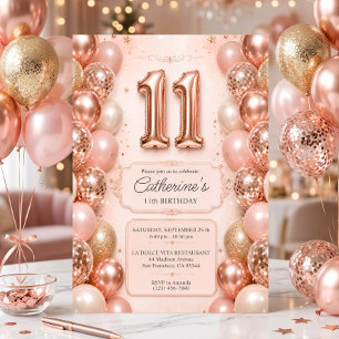 Roze Roze Gouden Ballonnen 11 Jaar Verjaardagsfees Kaart