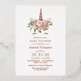 Roze & Roze Gouden Bloem Eenhoorn Baby Shower Folie Uitnodiging