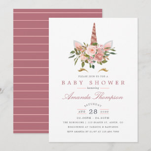 Roze & Roze Gouden Bloem Eenhoorn Baby Shower Kaart