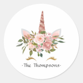 Roze & Roze Gouden Bloem Eenhoorn Baby Shower Ronde Sticker