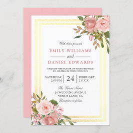 Roze Roze Gouden Bloemen Dubbele Rand Trouw Kaart