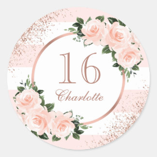 Roze Roze Gouden Bloemige Sweet 16 Verjaardag Ronde Sticker
