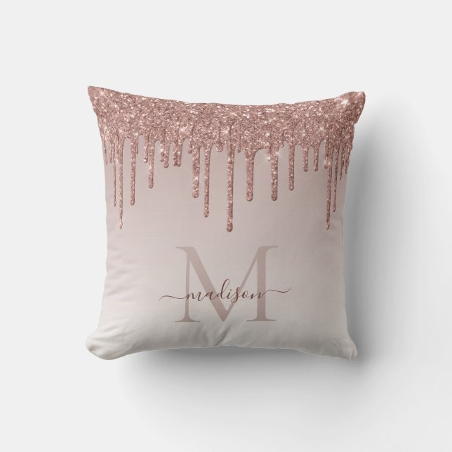 Roze Roze Gouden Glitter Druppels Glam Monogram Sc Kussen (Voorkant)