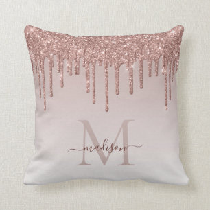 Roze Roze Gouden Glitter Druppels Glam Monogram Sc Kussen