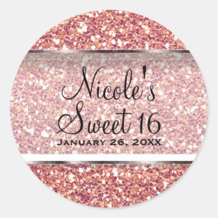 Roze roze gouden glitter glam zoete 16 feest gunst ronde sticker
