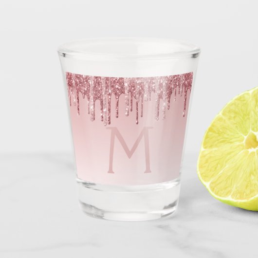 Roze Roze Gouden Glitter & Glans Monogram Verjaard Shot Glas (Voorkant)