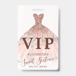 Roze Roze Gouden Glitter Jurk Sweet 16 VIP Verjaar Badge