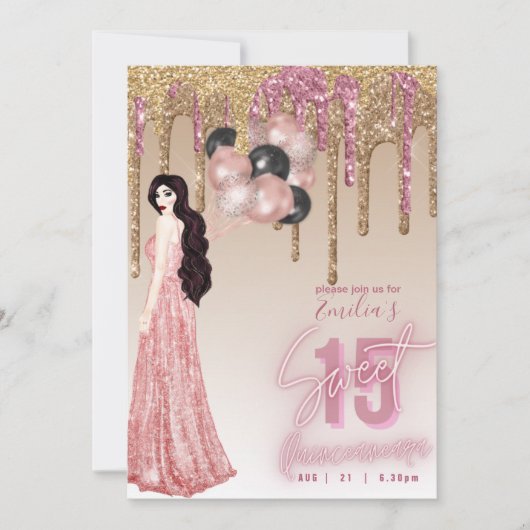 Roze Roze Gouden Glitter Quinceanera Bruinharig Me Kaart (Voorkant)