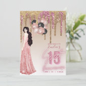 Roze Roze Gouden Glitter Quinceanera Bruinharig Me Kaart (Staand voorkant)