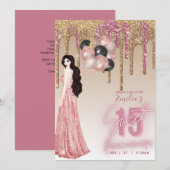 Roze Roze Gouden Glitter Quinceanera Bruinharig Me Kaart (Voorkant / Achterkant)