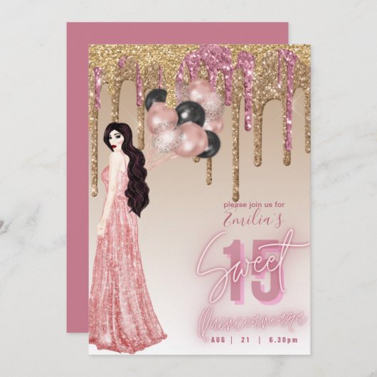 Roze Roze Gouden Glitter Quinceanera Bruinharig Me Kaart (Voorkant / Achterkant)