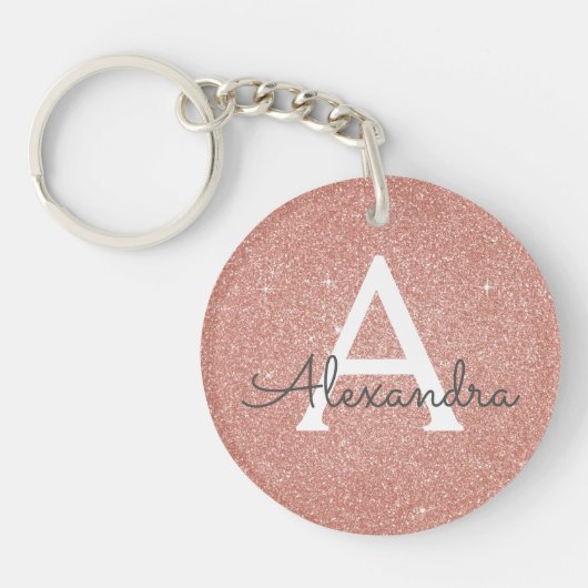 Roze Roze Gouden Glitters & Glans Monogram Sleutelhanger (Voorkant)