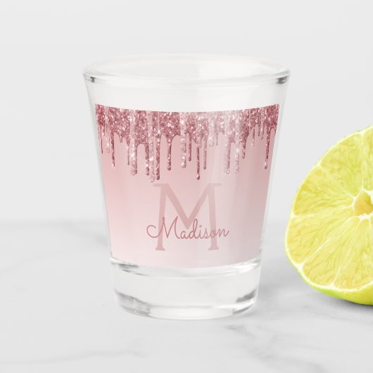 Roze Roze Gouden Glitters & Glans Monogram Verjaar Shot Glas (Voorkant)