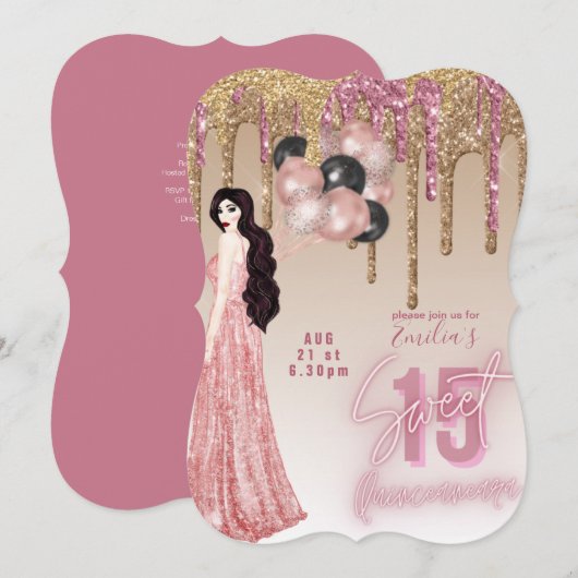 Roze roze gouden glitters Quinceanera Kaart (Voorkant / Achterkant)