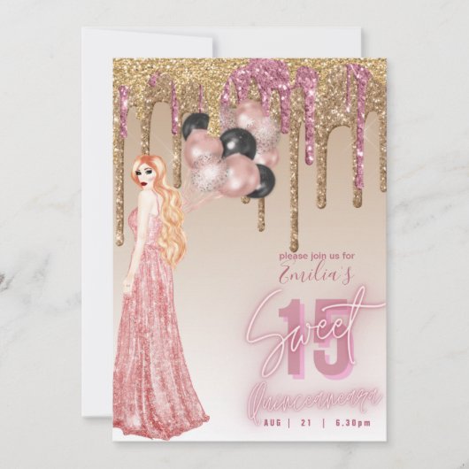Roze roze gouden glitters Quinceanera  roodharig m Kaart (Voorkant)