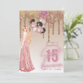 Roze roze gouden glitters Quinceanera  roodharig m Kaart (Staand voorkant)