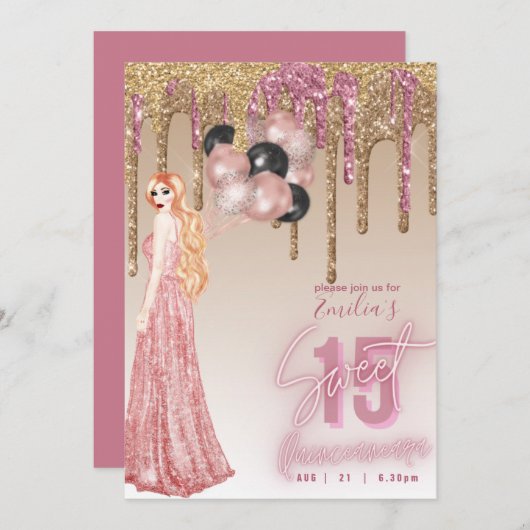 Roze roze gouden glitters Quinceanera  roodharig m Kaart (Voorkant / Achterkant)
