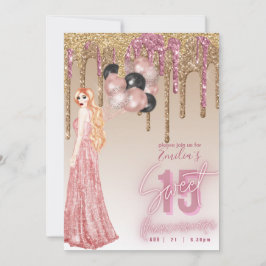 Roze roze gouden glitters Quinceanera roodharig m Kaart