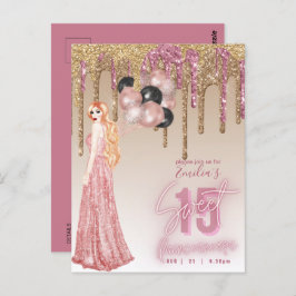 Roze roze gouden glitters Quinceanera Roodharig me Briefkaart