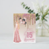 Roze roze gouden glitters Quinceanera Roodharig me Briefkaart (Staand voorkant)