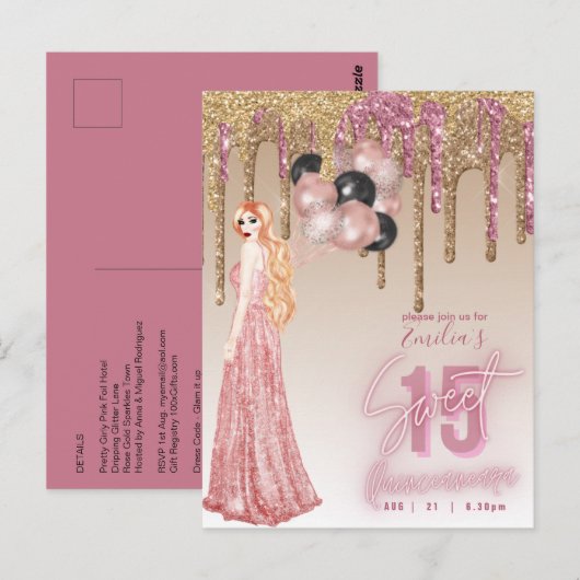 Roze roze gouden glitters Quinceanera Roodharig me Briefkaart (Voorkant / Achterkant)