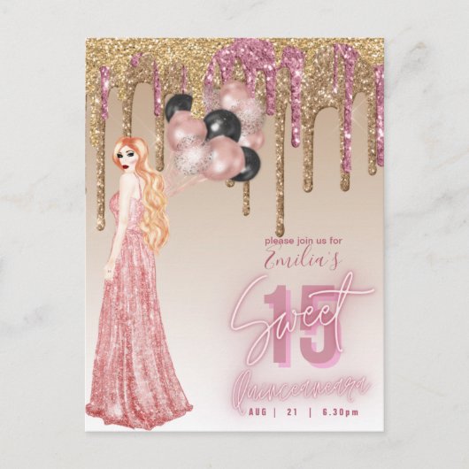 Roze roze gouden glitters Quinceanera Roodharig me Briefkaart (Voorkant)