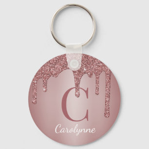 Roze Roze Gouden Nep Glitter Druppels Monogram Sleutelhanger
