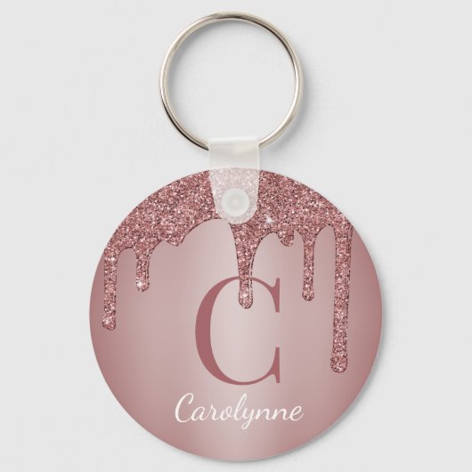 Roze Roze Gouden Nep Glitter Druppels Monogram Sleutelhanger (Voorkant)