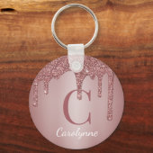 Roze Roze Gouden Nep Glitter Druppels Monogram Sleutelhanger (Voorkant)