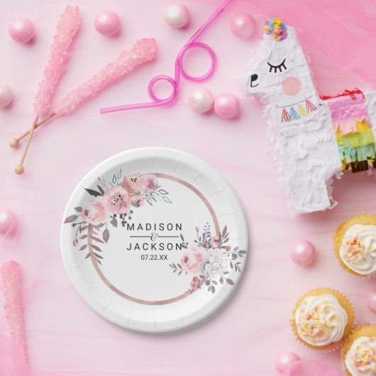 Roze & Roze Gouden Omlijst Bloemend Huwelijksmonog Papieren Bordje (Feest)