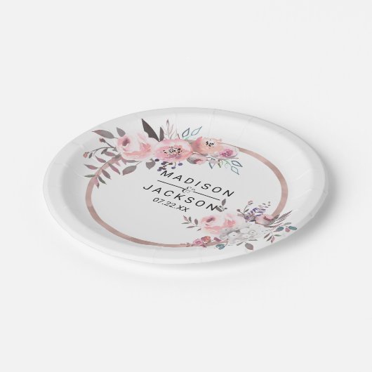 Roze & Roze Gouden Omlijst Bloemend Huwelijksmonog Papieren Bordje (Gekanteld)