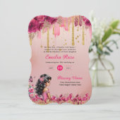 Roze roze gouden Quinceanera-jurk bloemrozen Kaart (Staand voorkant)