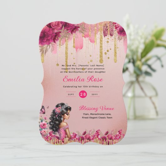 Roze roze gouden Quinceanera-jurk bloemrozen Kaart (Staand voorkant)