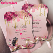 Roze roze gouden Quinceanera-jurk bloemrozen Kaart